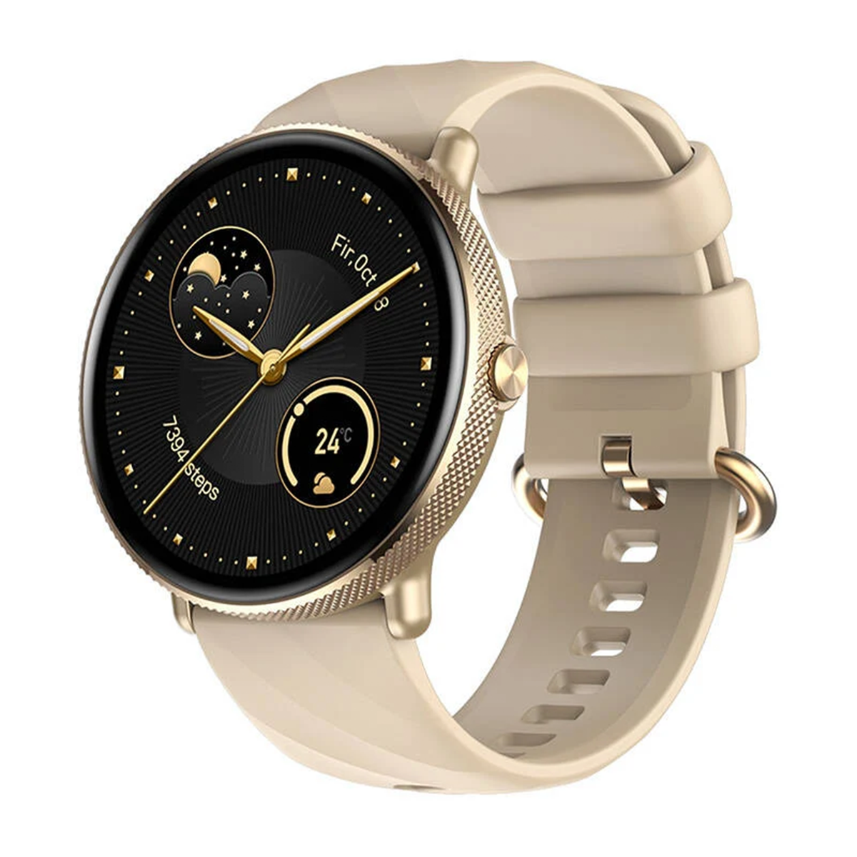 Montre intelligente dorée en acier inoxydable, appels Bluetooth et suivi santé complet